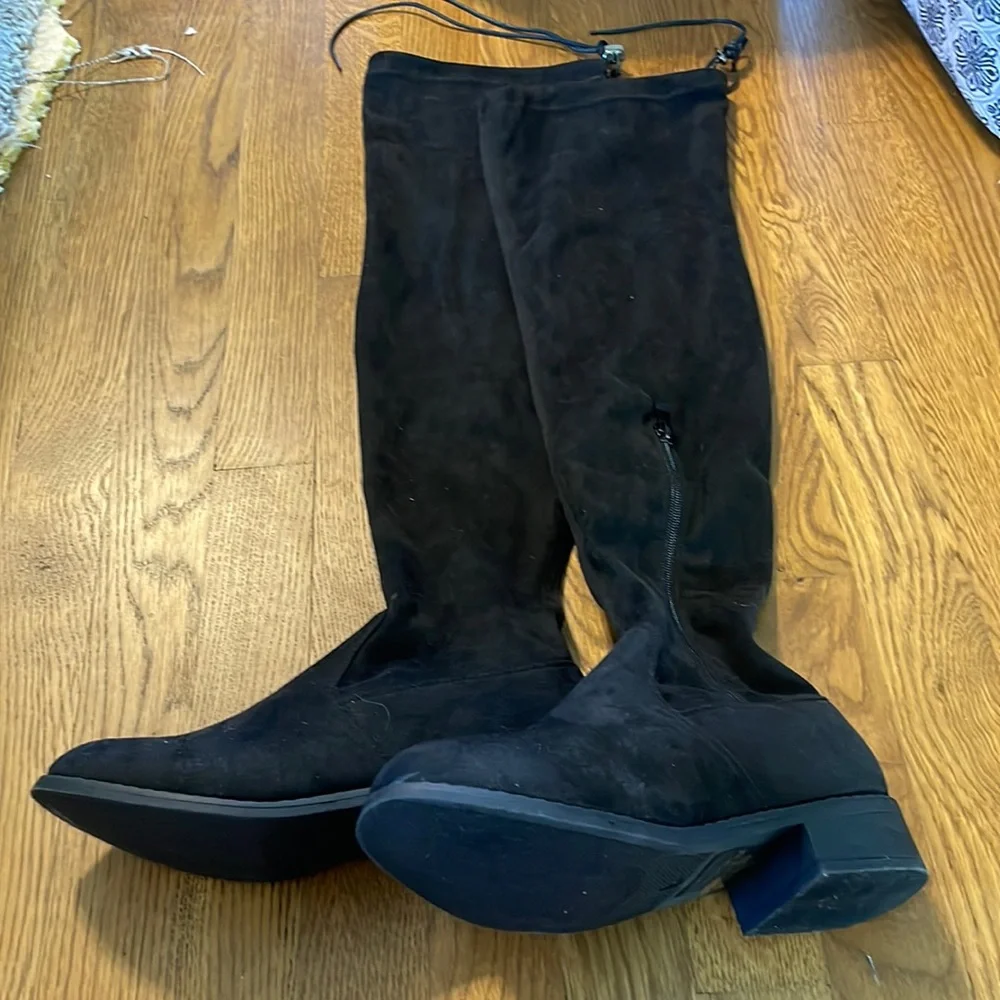 Black Faux Suede Over The Knee Boots‎ Low Block Heel Drawstring Size 7
